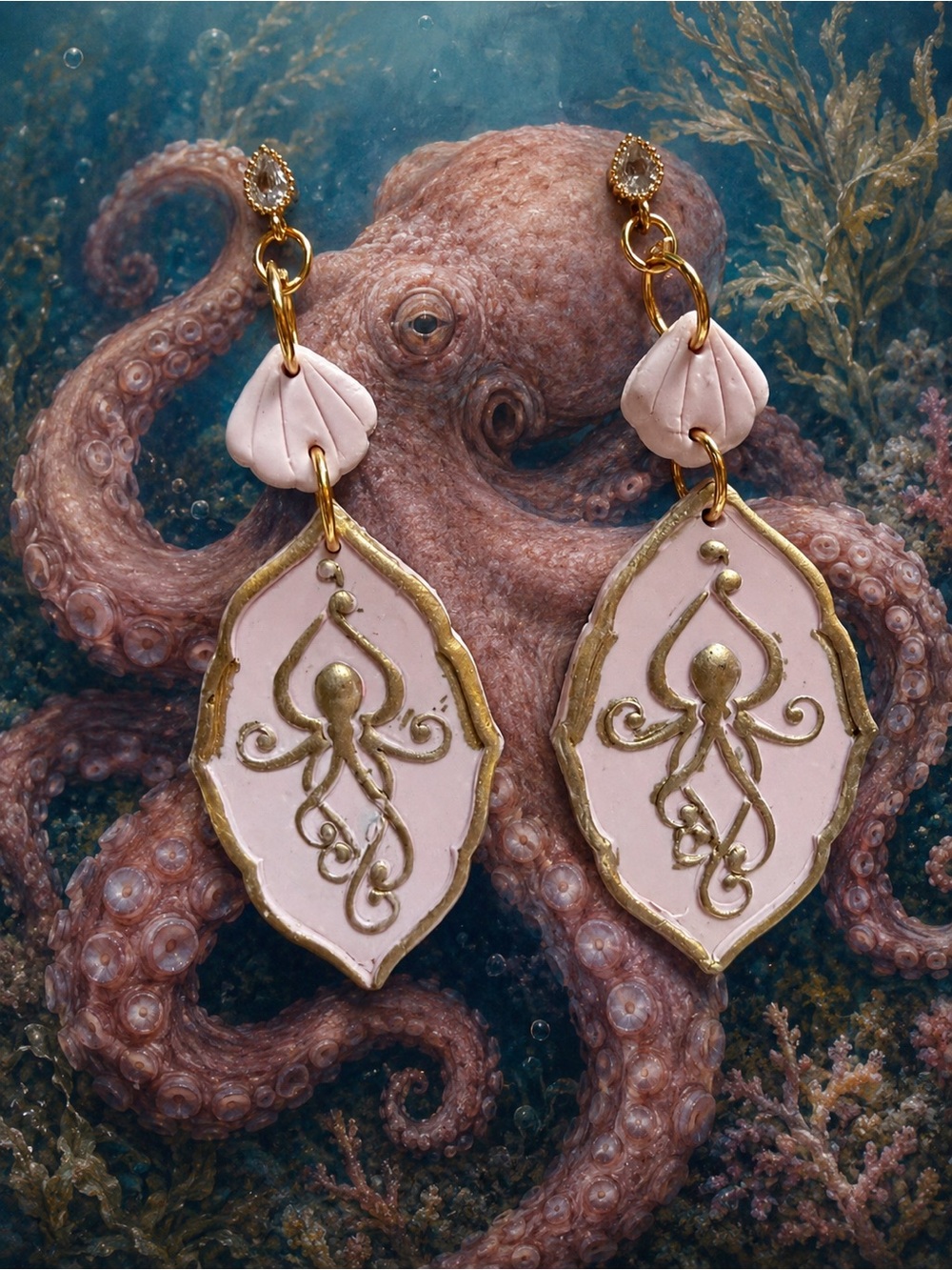 Pink Octopus Drop Handmade Polymer Clay Earrings - Gold Accent Women’s Jewelry